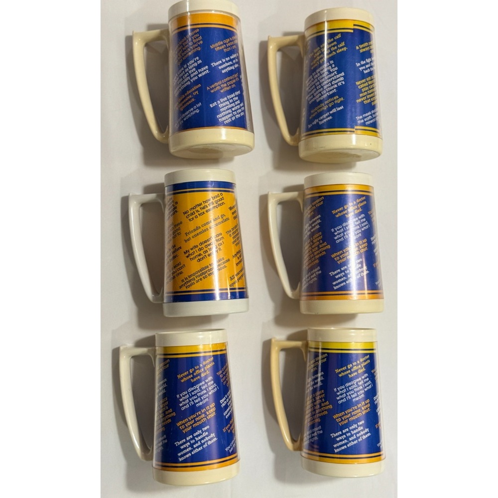 (6) Vintage Napa One Liners Plastic Coffee Cups - 6 1/4" Tall - Made In the USA